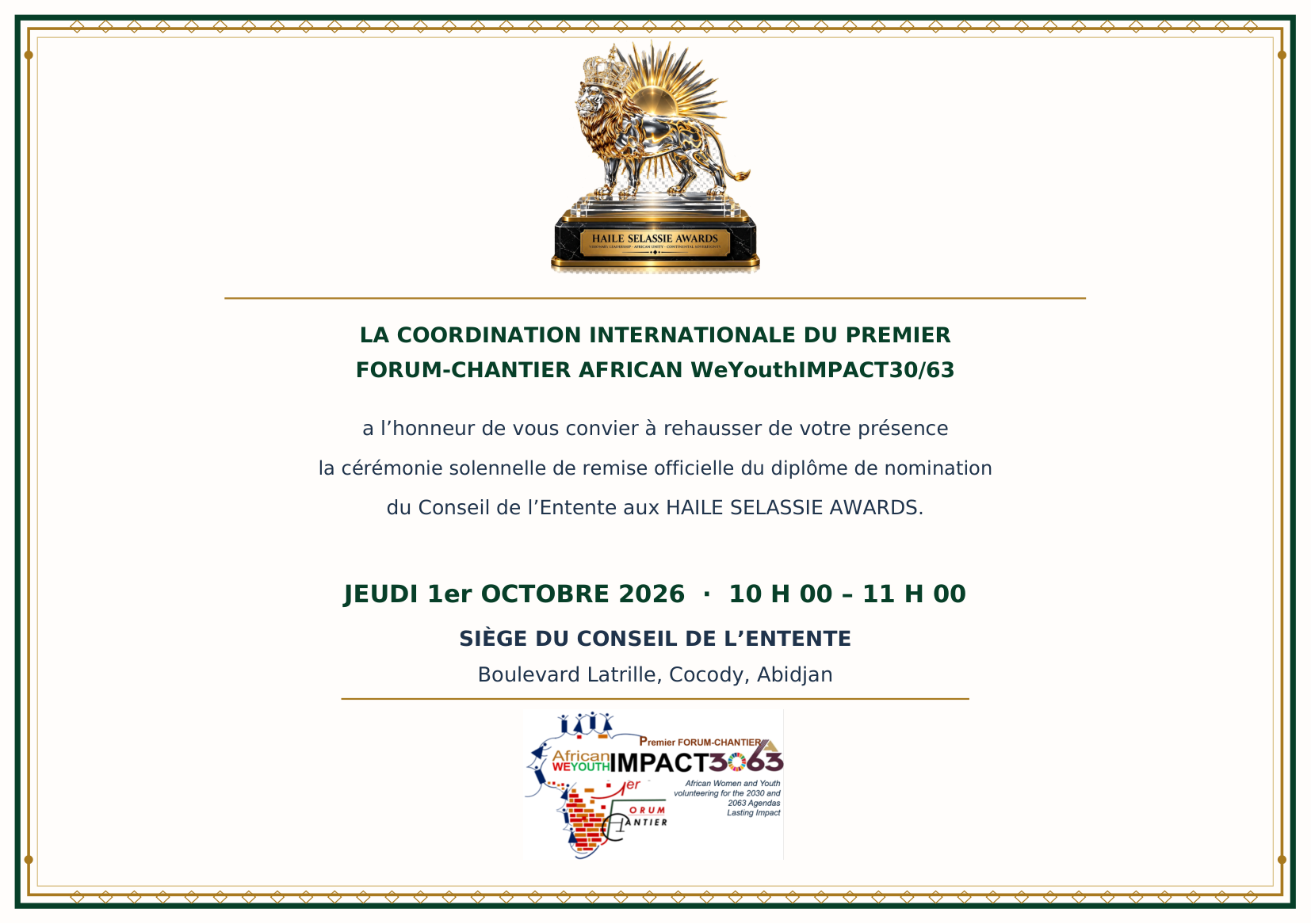 Invitation : remise du diplôme de nomination du Conseil de l'Entente aux Haile Selassie Awards